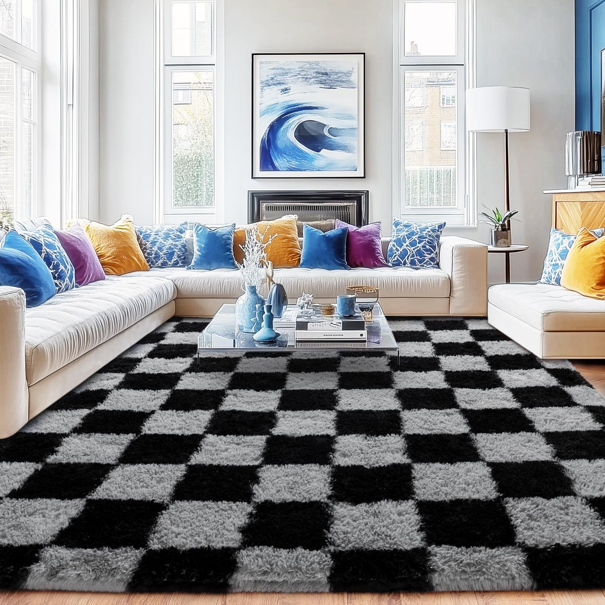 8x10 Area Rugs for Living Room, Large Ultra Fluffy Fuzzy Shag Rug for Bedroom, Modern Plush Soft High Pile Upgrade Non-Slip Carpet for Kids Girls and Boys Room Decor, Tie-Dyed Blue Grey
