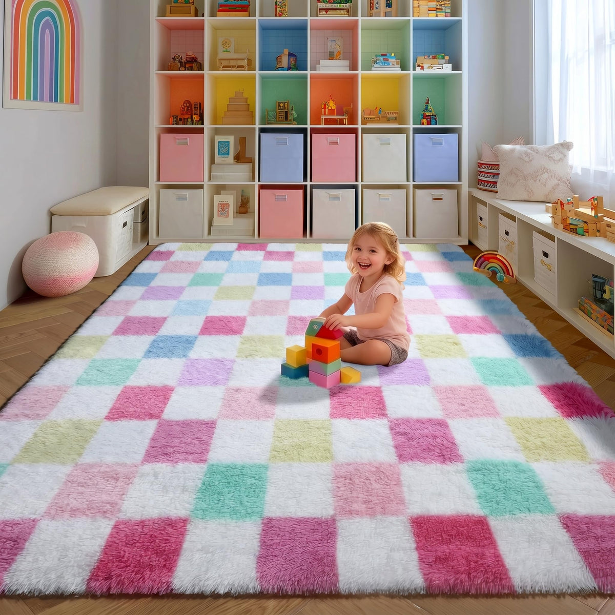 KICMOR Area Rugs 8x10 for Living Room, Large Fluffy Beige and Cream White Checkered Rug Big Fuzzy Shag Shaggy Carpets for Bedroom, Soft Plush Furry Rug for Boy Girls Room Dorm Home Decor Aesthetic