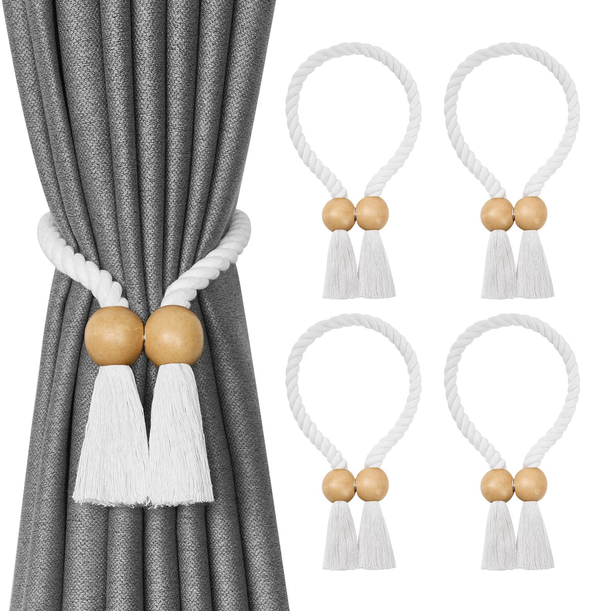 NICEEC 2 Pack Wooden Ball Magnetic Curtain Tiebacks Boho Home Decor Drape Tie Backs Natural Cotton Hand Woven Rope Curtain Holdbacks for Thin & Thick Home & Office Window Draperies (Beige)