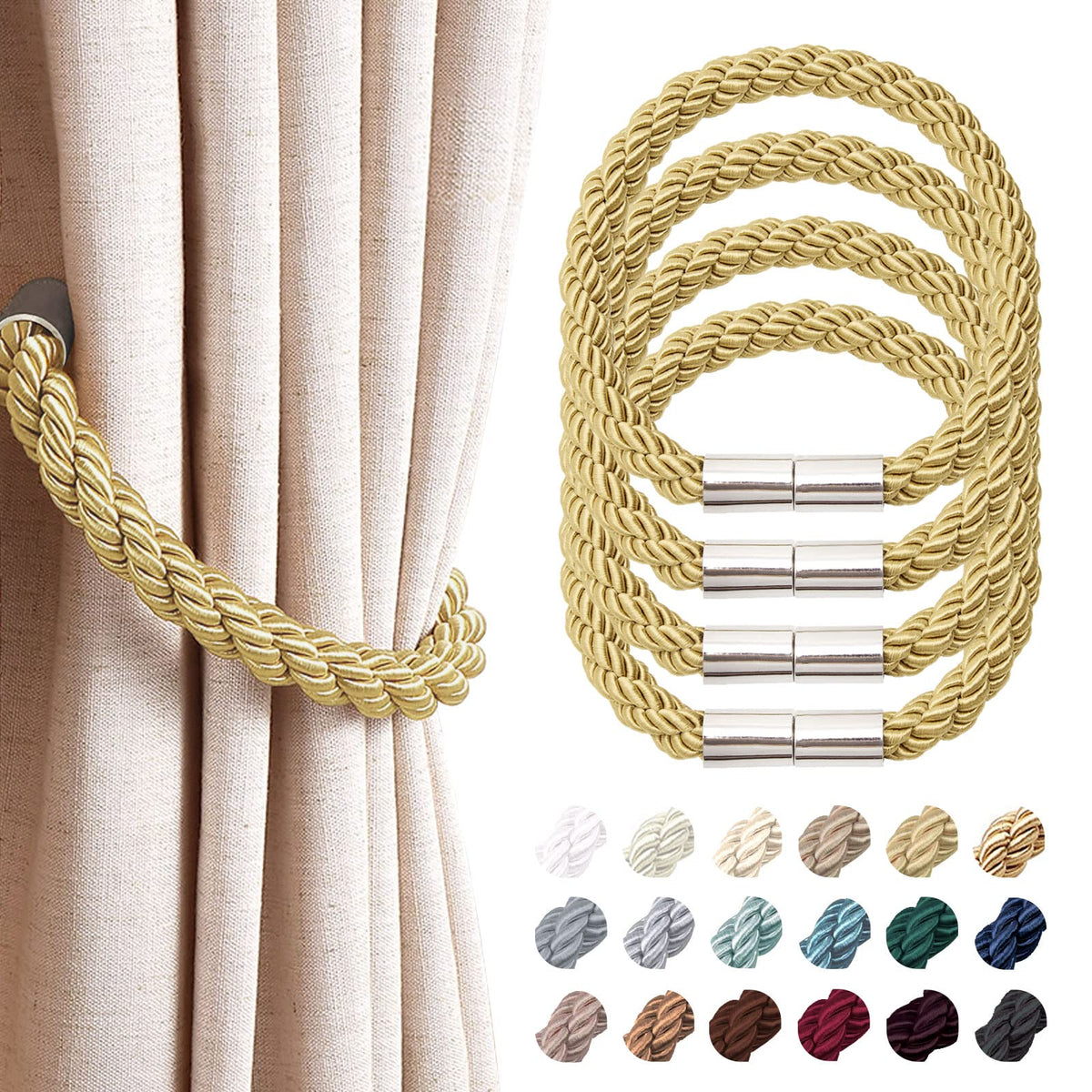NICEEC 2 Pack Strong Magnetic Curtain Tiebacks Modern Simple Style Drape Tie Backs Convenient Decorative Weave Rope Curtain Holdbacks for Thin or Thick Home & Office Window Draperies (Beige)