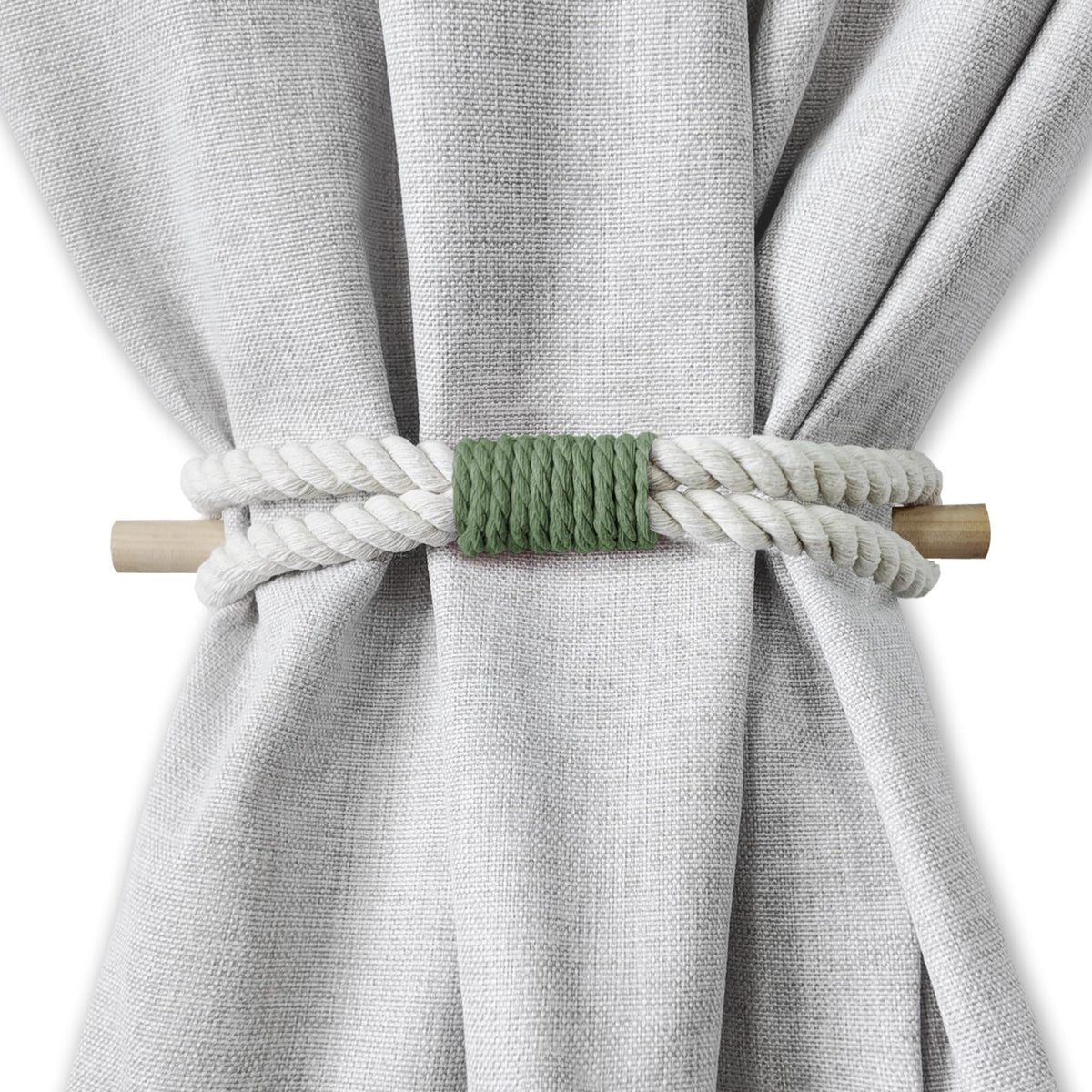Curtain Holdbacks Boho Tiebacks for Drapes, Farmhouse Jute Rope Cotton Tie Backs with Rustic Wood Club, Curtain Accessories Holders for Indoor Outdoor Use, Set of 4