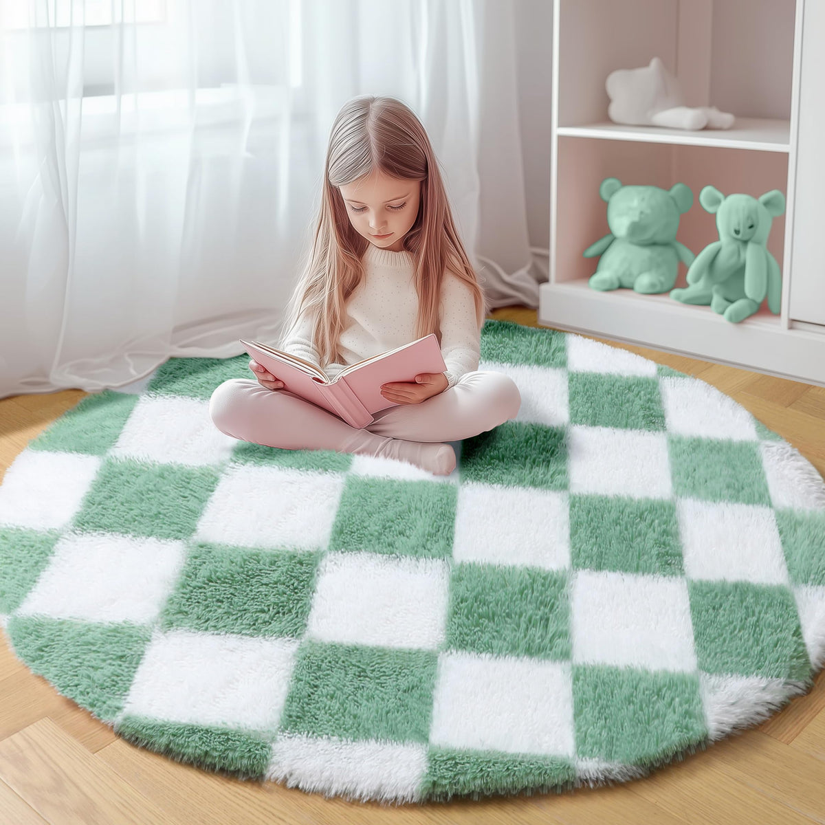 KICMOR Area Rugs 8x10 for Living Room, Large Fluffy Beige and Cream White Checkered Rug Big Fuzzy Shag Shaggy Carpets for Bedroom, Soft Plush Furry Rug for Boy Girls Room Dorm Home Decor Aesthetic