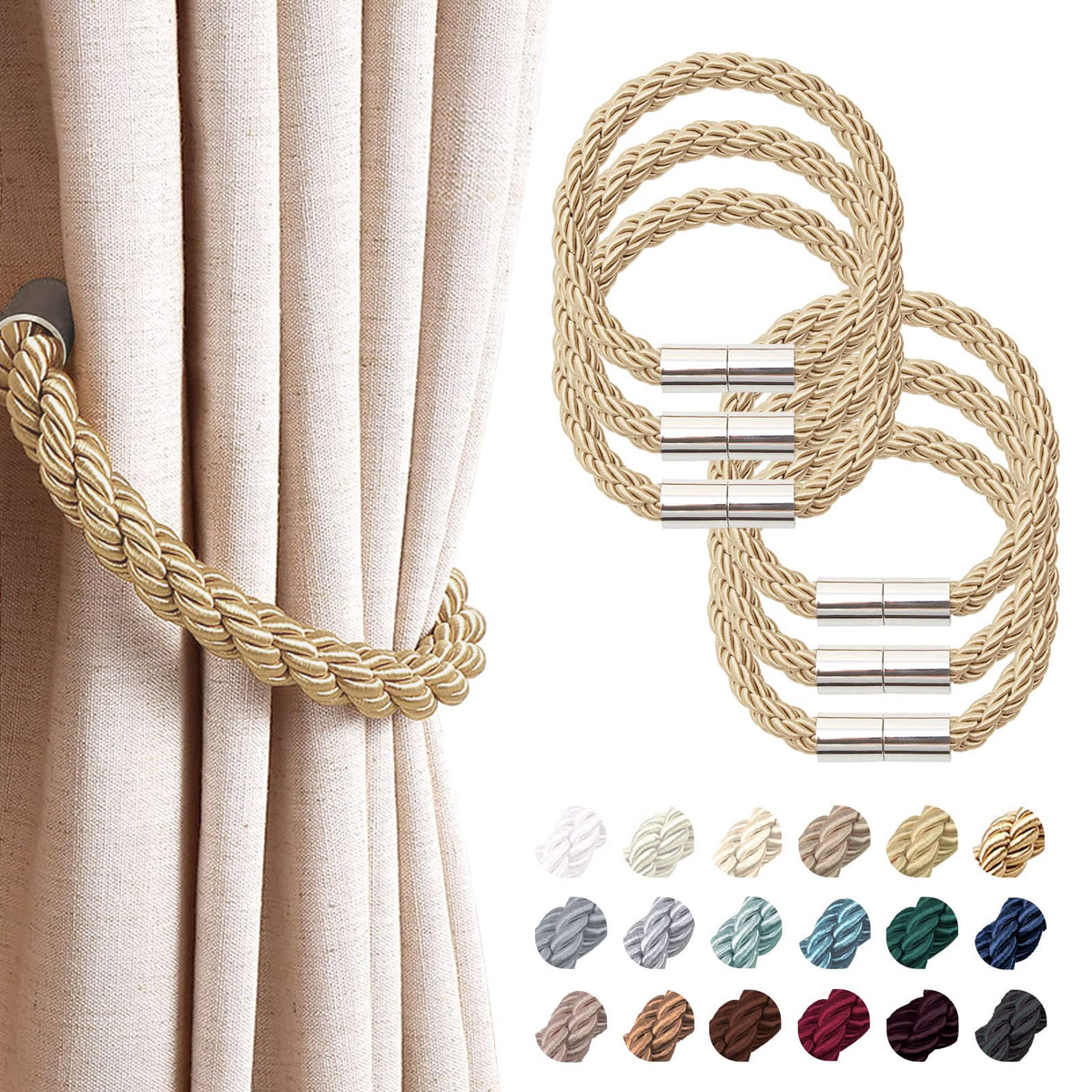 NICEEC 2 Pack Strong Magnetic Curtain Tiebacks Modern Simple Style Drape Tie Backs Convenient Decorative Weave Rope Curtain Holdbacks for Thin or Thick Home & Office Window Draperies (Beige)