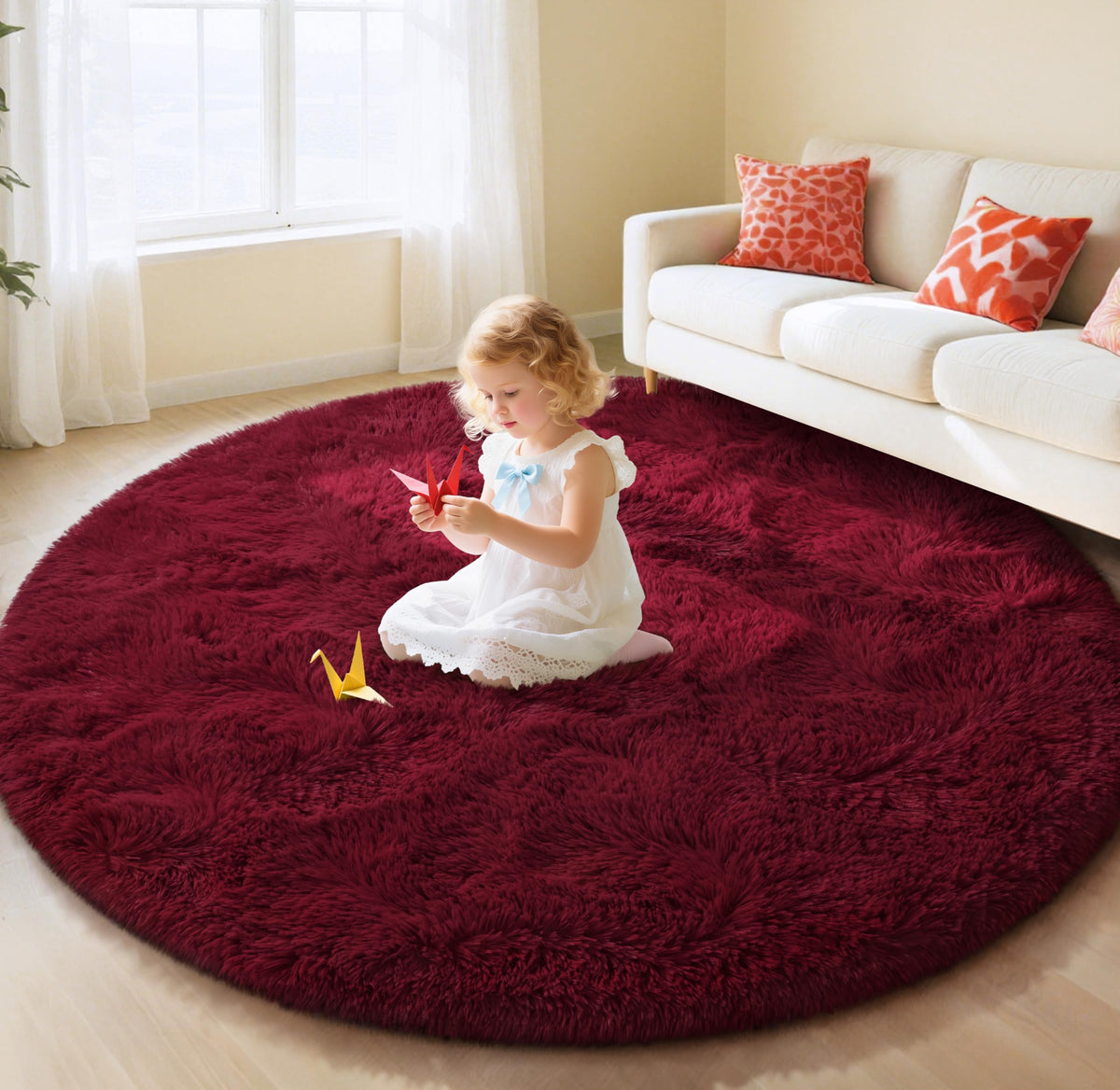 EVOIONOS Pink Round Rug for Bedroom, 4x4 Ft Fluffy Soft Circle Area Rugs for Living Room, Plush Shaggy Circular Carpet for Indoor Floor Bedside Girls Nursery, Machine-Washable Home Decor Aesthetic