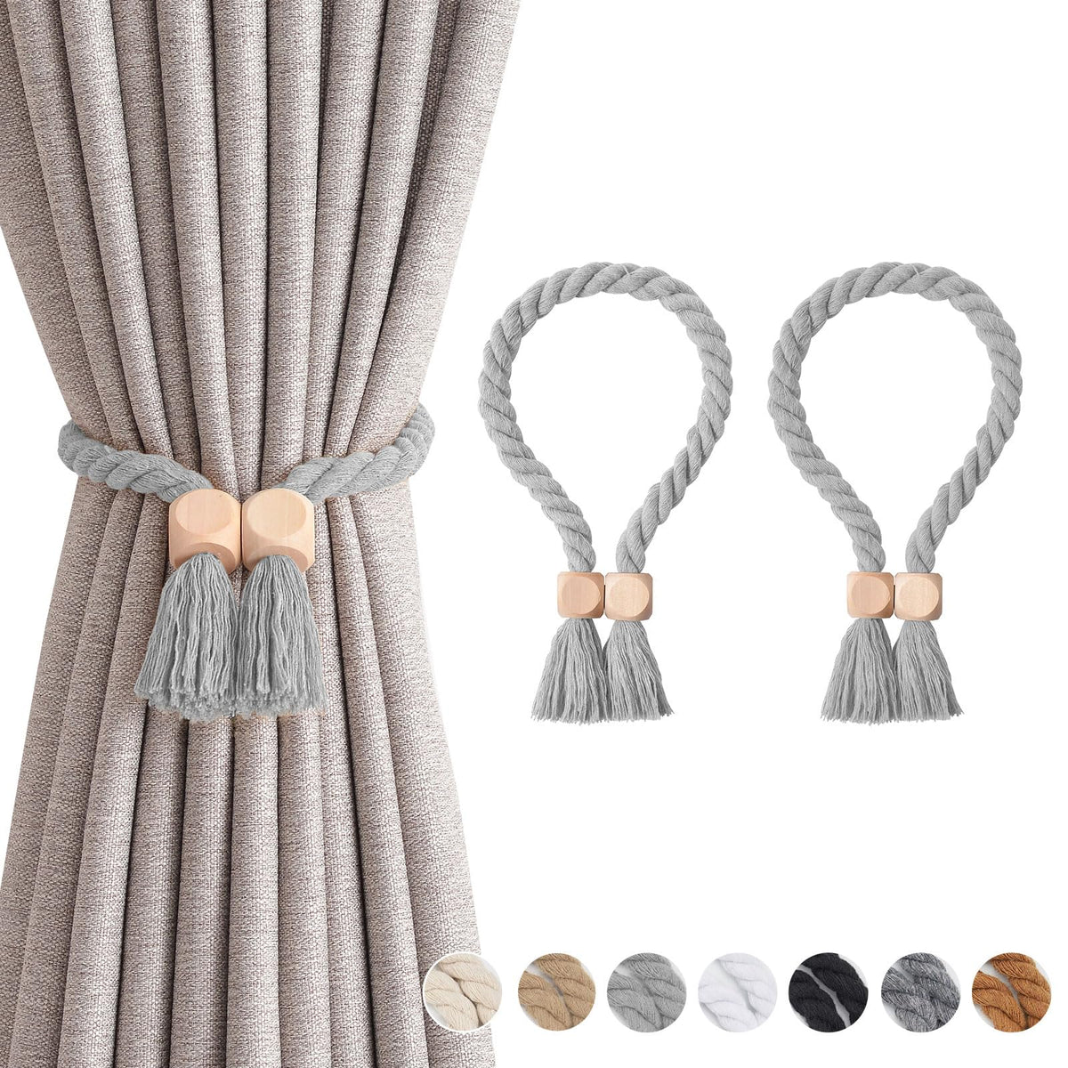 NICEEC 2 Pack Wooden Ball Magnetic Curtain Tiebacks Boho Home Decor Drape Tie Backs Natural Cotton Hand Woven Rope Curtain Holdbacks for Thin & Thick Home & Office Window Draperies (Beige)