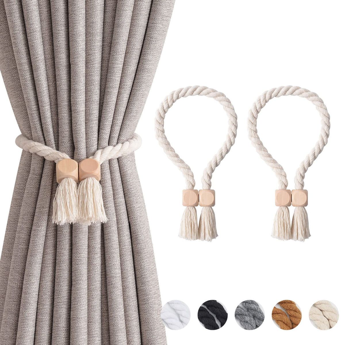 NICEEC 2 Pack Wooden Ball Magnetic Curtain Tiebacks Boho Home Decor Drape Tie Backs Natural Cotton Hand Woven Rope Curtain Holdbacks for Thin & Thick Home & Office Window Draperies (Beige)