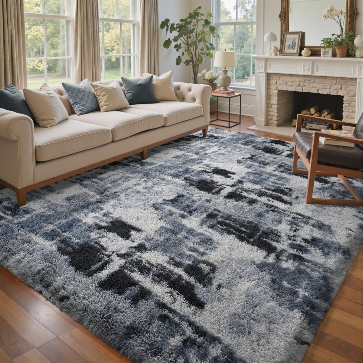 8x10 Ft Extra Large Shag Rugs for Living Room, Tie Dyed Ultra Soft Fluffy Furry Area Rugs for Bedroom Indoor Floor, Aesthetic Carpet for Kids Home Decor (Dark Grey)