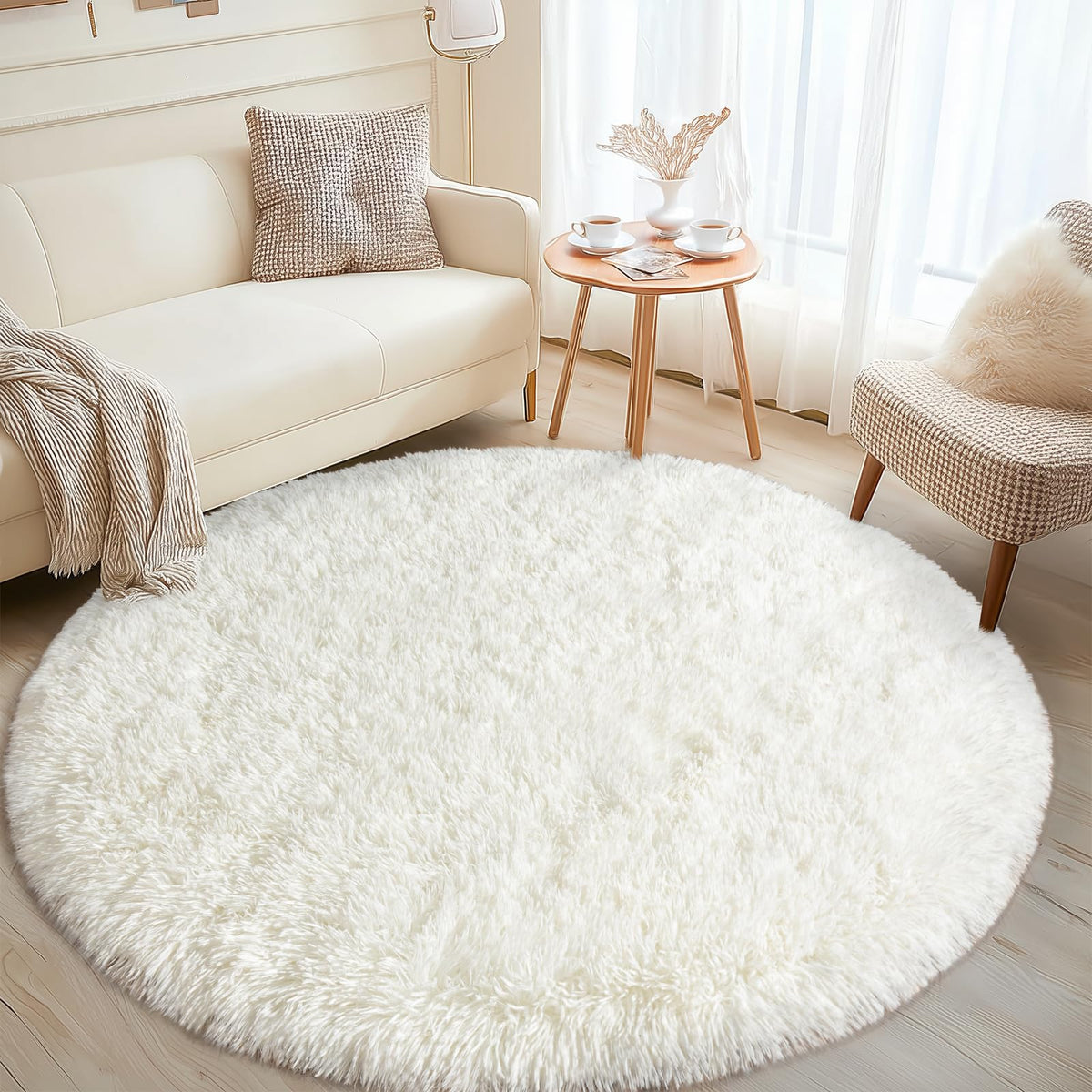 4Ft Fluffy Pink Round Rug for Girls Bedroom Kids Room, Washable Non-Slip