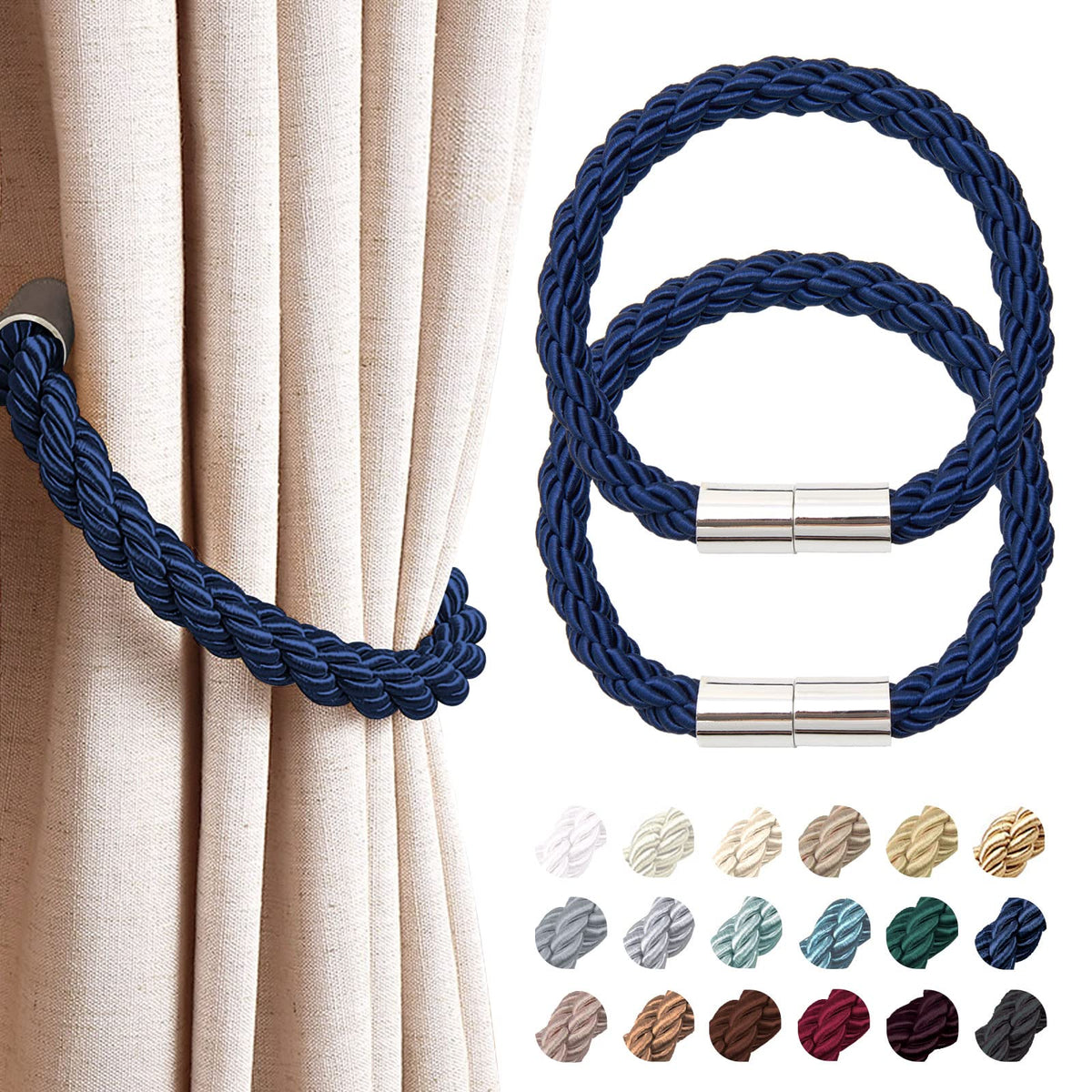 NICEEC 2 Pack Strong Magnetic Curtain Tiebacks Modern Simple Style Drape Tie Backs Convenient Decorative Weave Rope Curtain Holdbacks for Thin or Thick Home & Office Window Draperies (Beige)
