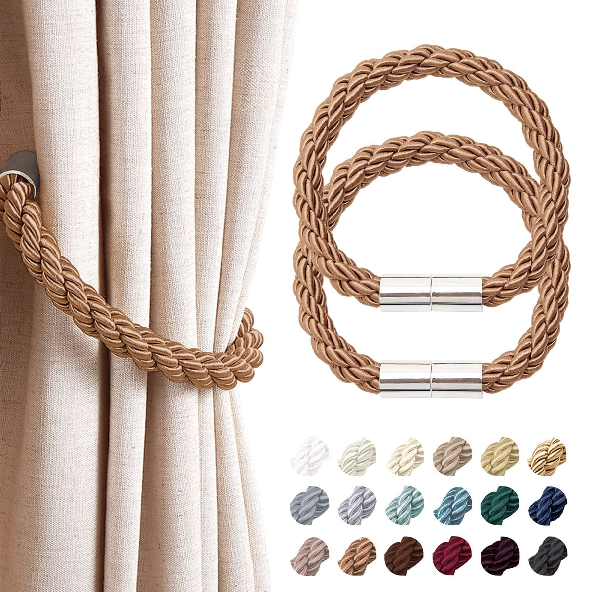 NICEEC 2 Pack Strong Magnetic Curtain Tiebacks Modern Simple Style Drape Tie Backs Convenient Decorative Weave Rope Curtain Holdbacks for Thin or Thick Home & Office Window Draperies (Beige)