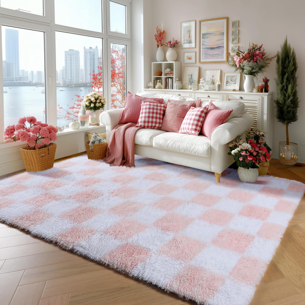KICMOR Area Rugs 8x10 for Living Room, Large Fluffy Beige and Cream White Checkered Rug Big Fuzzy Shag Shaggy Carpets for Bedroom, Soft Plush Furry Rug for Boy Girls Room Dorm Home Decor Aesthetic