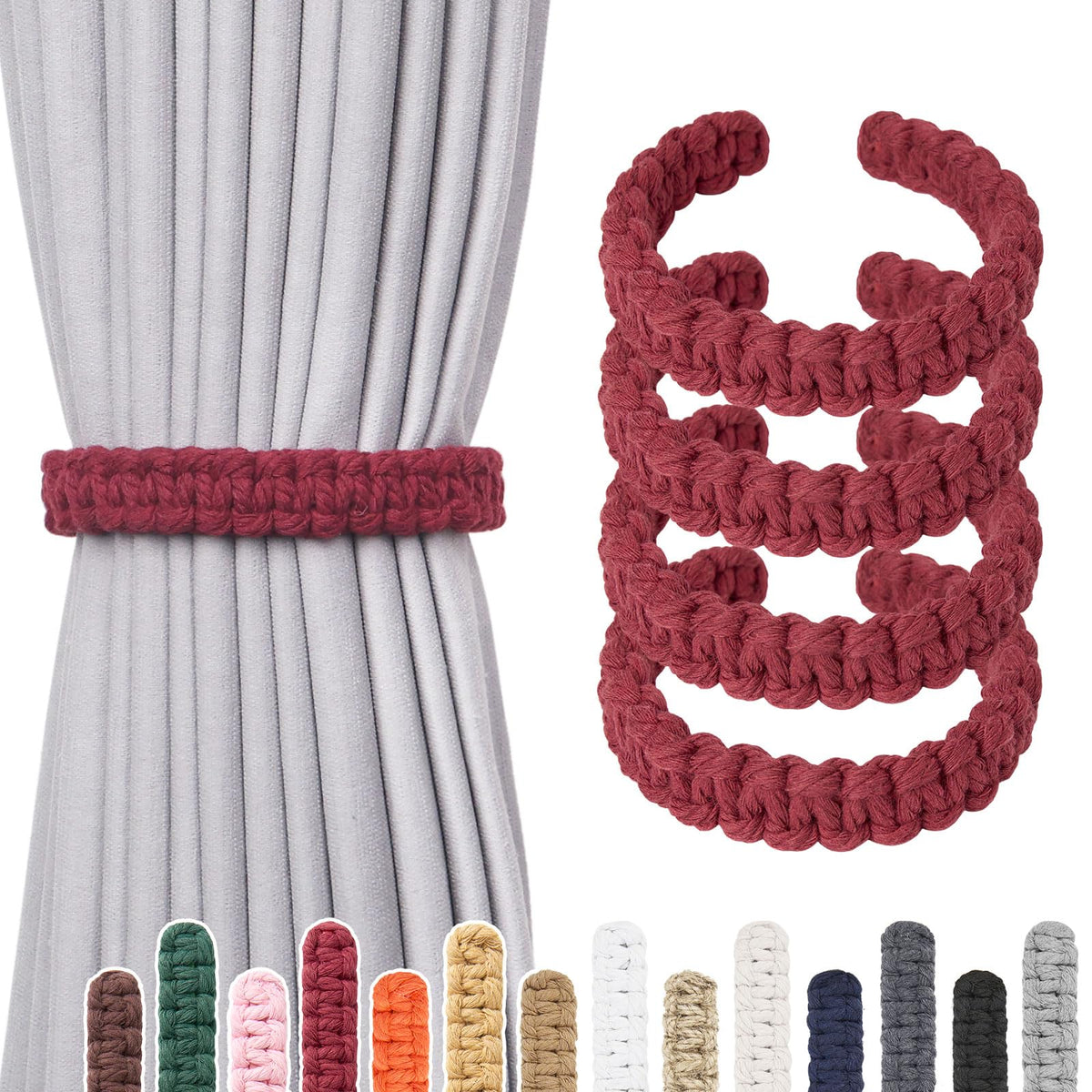 NICEEC 2 Pack Natural Cotton Rope Curtain Tiebacks Farmhouse Rustic Style Decorative Drape Tie Backs Handmade Braided Curtain Holdbacks for Home & Office Sheer/Light Weight Drapery (C-White-S)