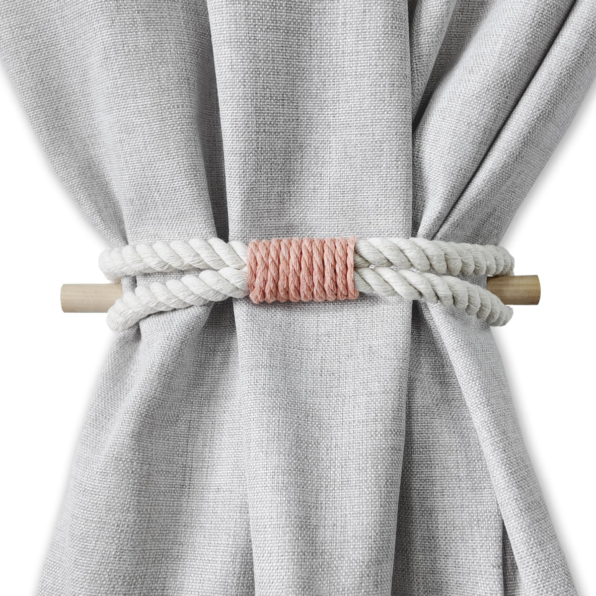 Curtain Holdbacks Boho Tiebacks for Drapes, Farmhouse Jute Rope Cotton Tie Backs with Rustic Wood Club, Curtain Accessories Holders for Indoor Outdoor Use, Set of 4