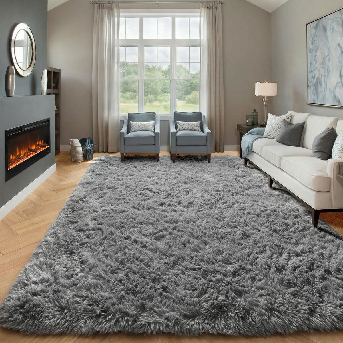 Area Rugs for Living Room Bedroom, 5x8 Fluffy Tie-Dyed Light Grey Shag Rug