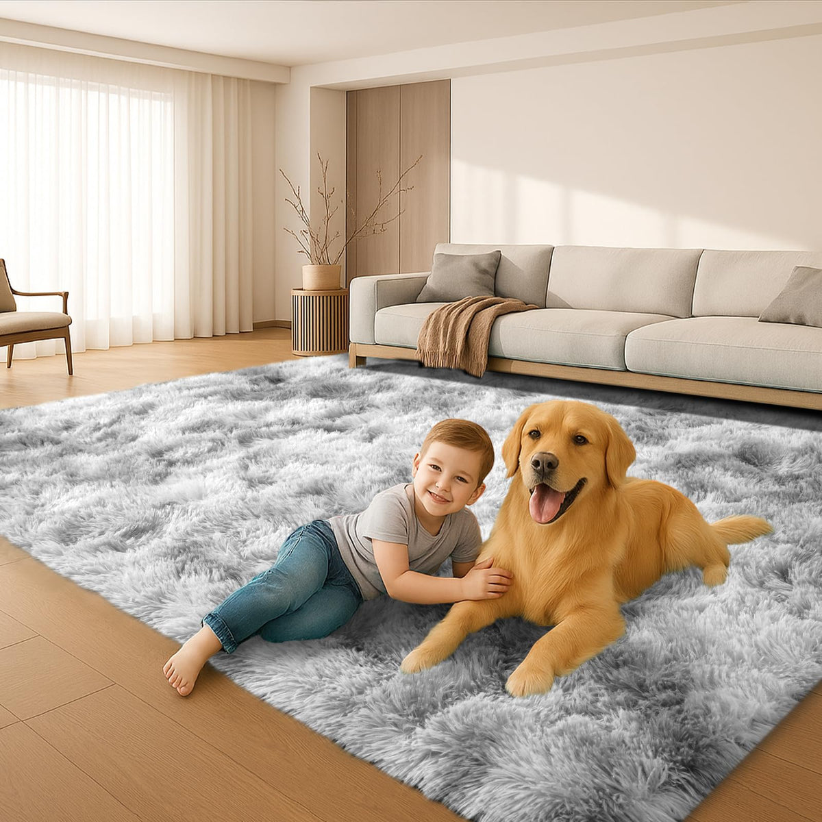 8x10 Beige Fluffy Shag Area Rug, Non-Slip Soft Carpet for Home