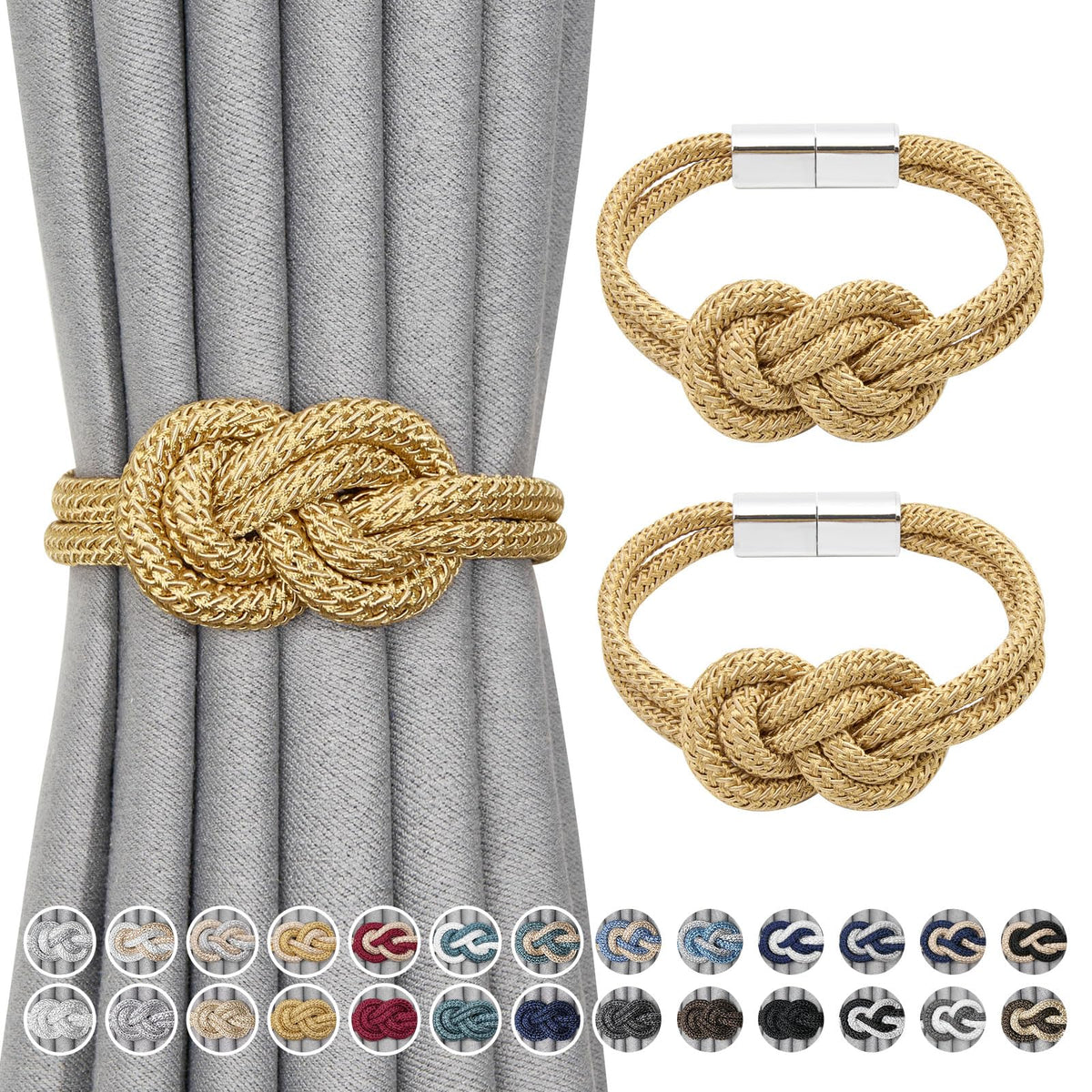 NICEEC 2 Pack Mini Magnetic Curtain Tiebacks Nordic Simple Style Drape Tie Backs Elegant Hand Weave Rope Knot Decorative Curtain Holdbacks for Home & Office Thin Window Drapery (Silver Grey)