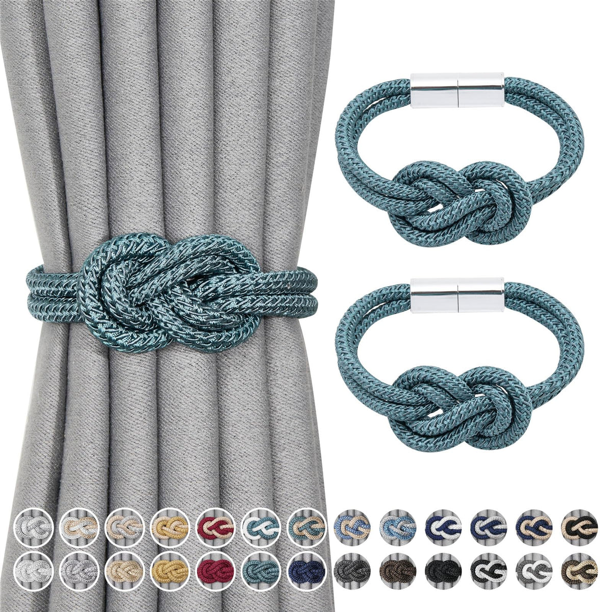 NICEEC 2 Pack Mini Magnetic Curtain Tiebacks Nordic Simple Style Drape Tie Backs Elegant Hand Weave Rope Knot Decorative Curtain Holdbacks for Home & Office Thin Window Drapery (Silver Grey)