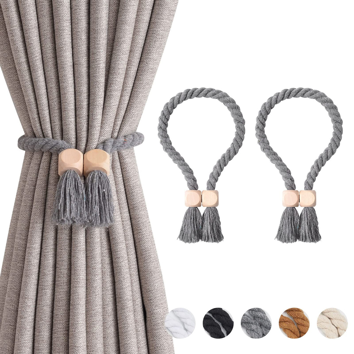 NICEEC 2 Pack Wooden Ball Magnetic Curtain Tiebacks Boho Home Decor Drape Tie Backs Natural Cotton Hand Woven Rope Curtain Holdbacks for Thin & Thick Home & Office Window Draperies (Beige)
