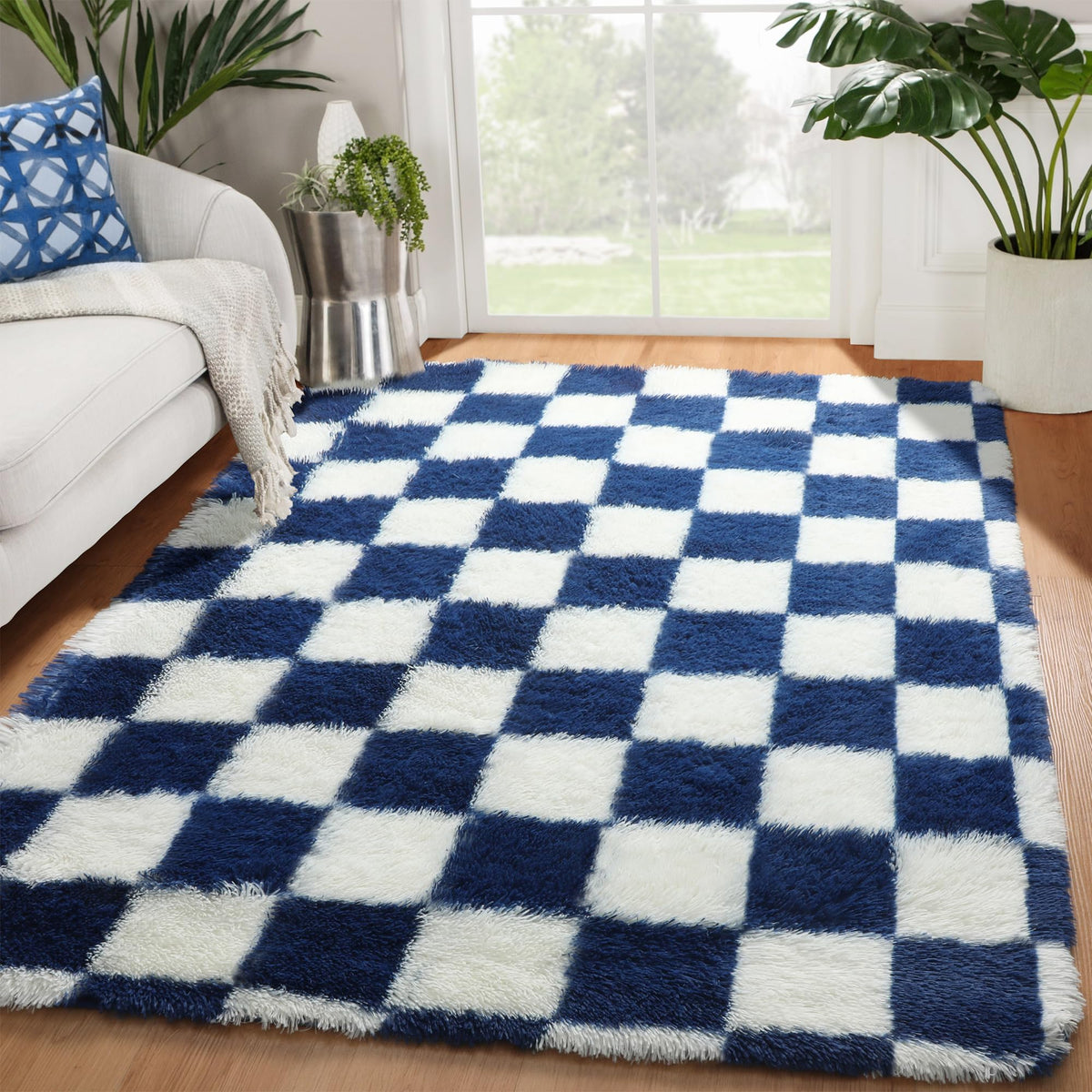 KICMOR Area Rugs 8x10 for Living Room, Large Fluffy Beige and Cream White Checkered Rug Big Fuzzy Shag Shaggy Carpets for Bedroom, Soft Plush Furry Rug for Boy Girls Room Dorm Home Decor Aesthetic