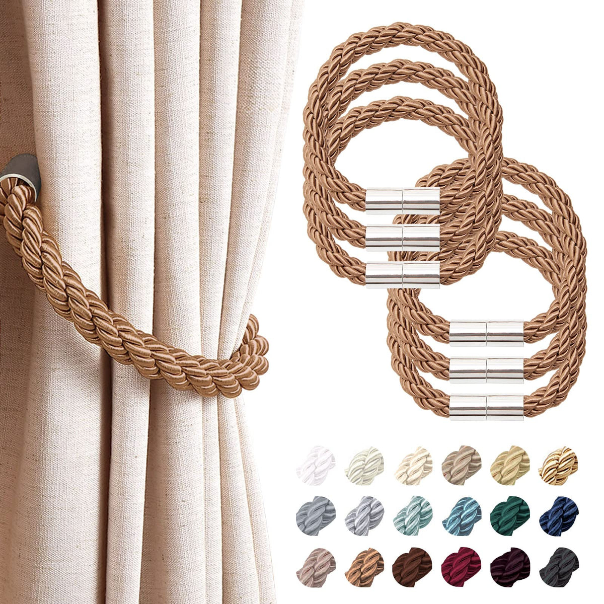 NICEEC 2 Pack Strong Magnetic Curtain Tiebacks Modern Simple Style Drape Tie Backs Convenient Decorative Weave Rope Curtain Holdbacks for Thin or Thick Home & Office Window Draperies (Beige)