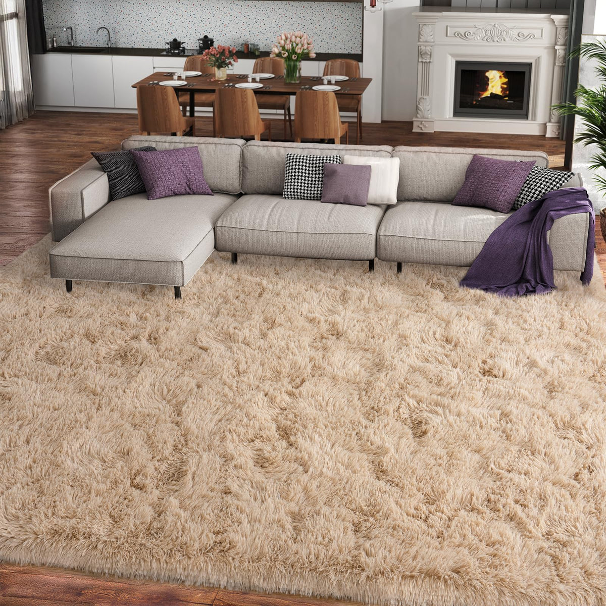 9x12 Large Shag Rugs for Living Room, Washable Abstract Blue Yellow