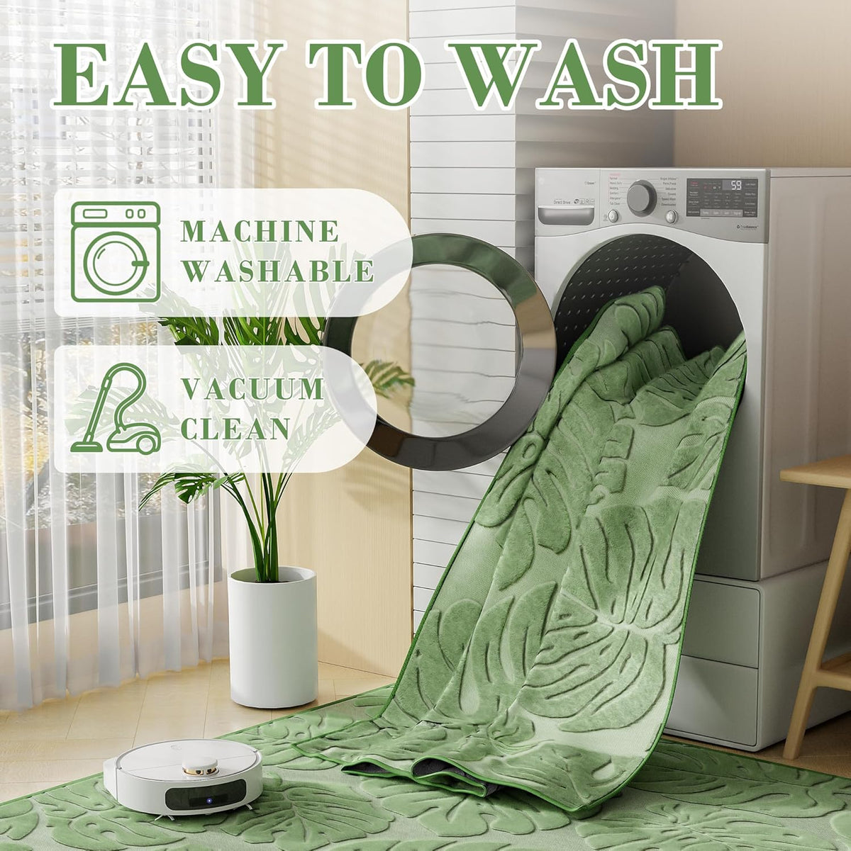 Arenarug Sage Green Monstera 5x7 Area Rugs High-Low Plush Pile Washable
