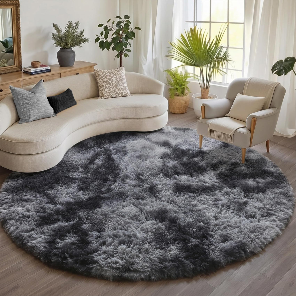 Area Rugs for Living Room Bedroom, 5x8 Fluffy Tie-Dyed Light Grey Shag Rug