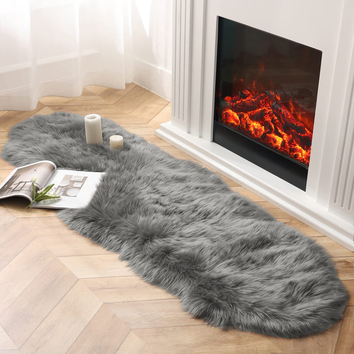 Ashler Faux Fur Rug, White, 2 x 6 Ft, Machine Washable