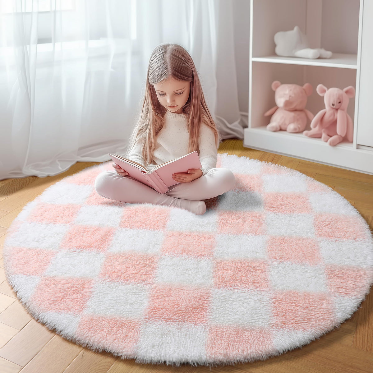 KICMOR Area Rugs 8x10 for Living Room, Large Fluffy Beige and Cream White Checkered Rug Big Fuzzy Shag Shaggy Carpets for Bedroom, Soft Plush Furry Rug for Boy Girls Room Dorm Home Decor Aesthetic