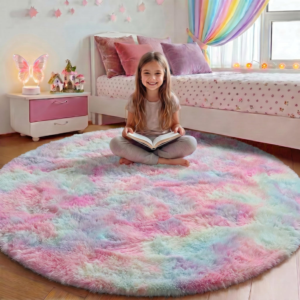 Light Pink Fluffy Round Rug Circle Area Rugs 4ft for Girls Kids Bedroom