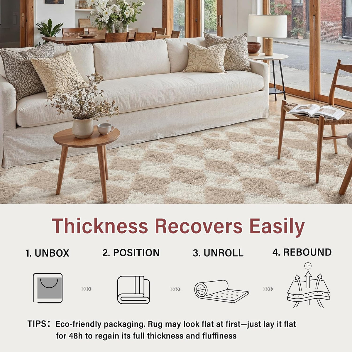 PureCozy Beige 8x10 Area Rug for Living Room Soft Checkered Shag Carpet