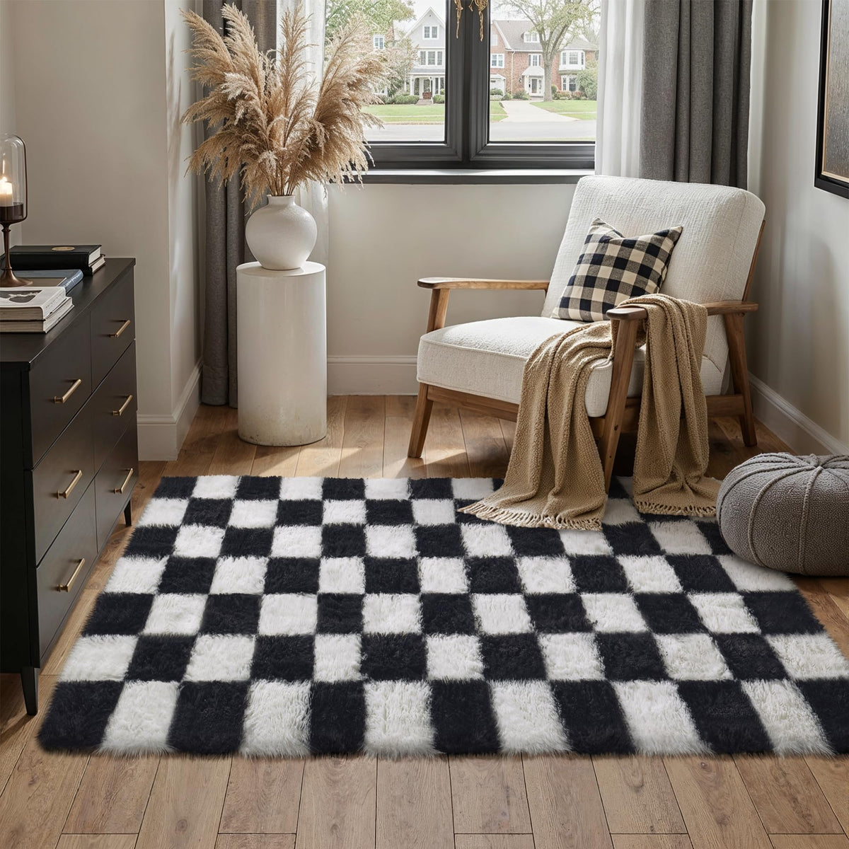 PureCozy Beige 8x10 Area Rug for Living Room Soft Checkered Shag Carpet