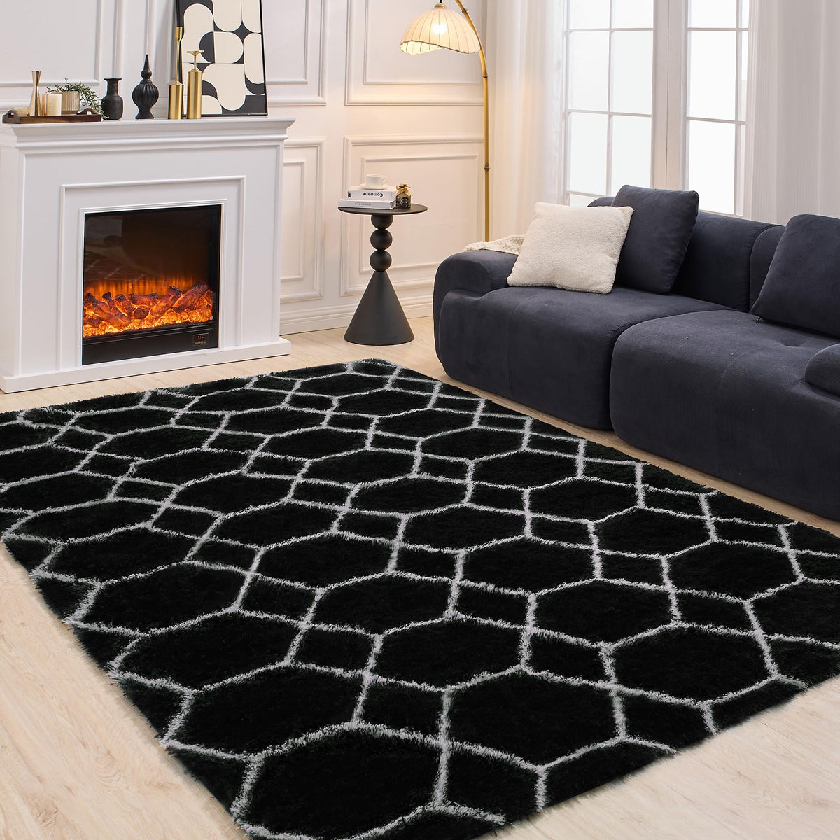 Fluffy Rug for Living Room, Soft Modern 8x10 Grey and Black Shag Area Rugs