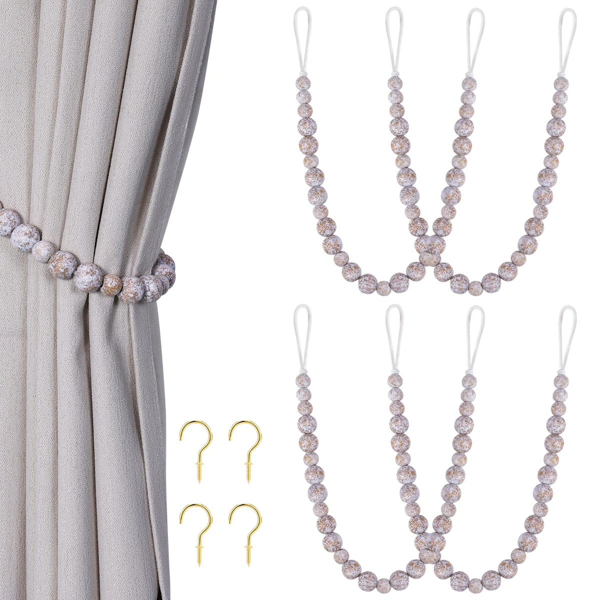 KLOGTSIND Wood Bead Curtain Tiebacks, 2 Pack Curtain Tie Backs with Hooks