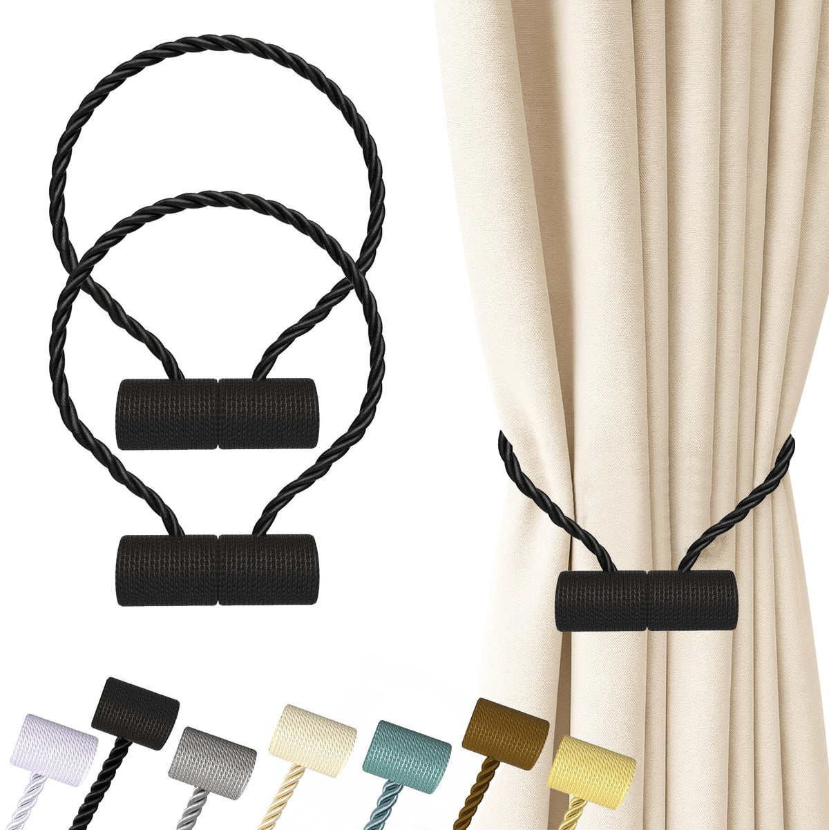 Hion Magnetic Curtain Tiebacks Black 2pcs, Curtain Holdbacks Hooks Holders