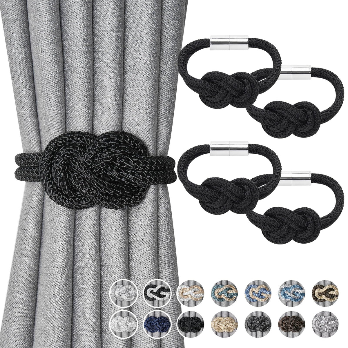 NICEEC 2 Pack Mini Magnetic Curtain Tiebacks Nordic Simple Style Drape Tie Backs Elegant Hand Weave Rope Knot Decorative Curtain Holdbacks for Home & Office Thin Window Drapery (Silver Grey)