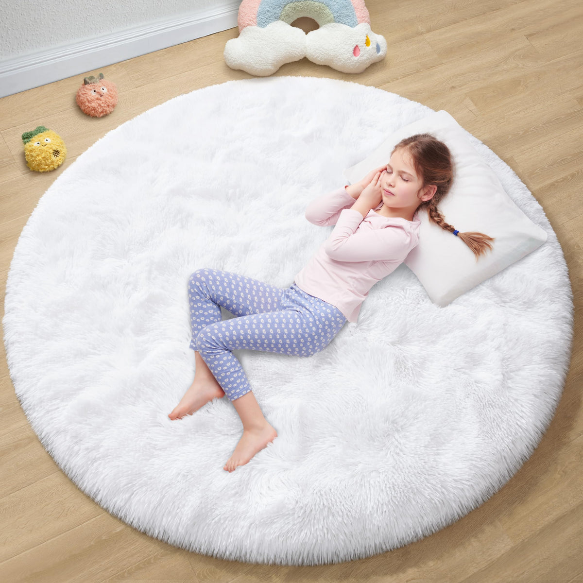EVOIONOS Pink Round Rug for Bedroom, 4x4 Ft Fluffy Soft Circle Area Rugs for Living Room, Plush Shaggy Circular Carpet for Indoor Floor Bedside Girls Nursery, Machine-Washable Home Decor Aesthetic