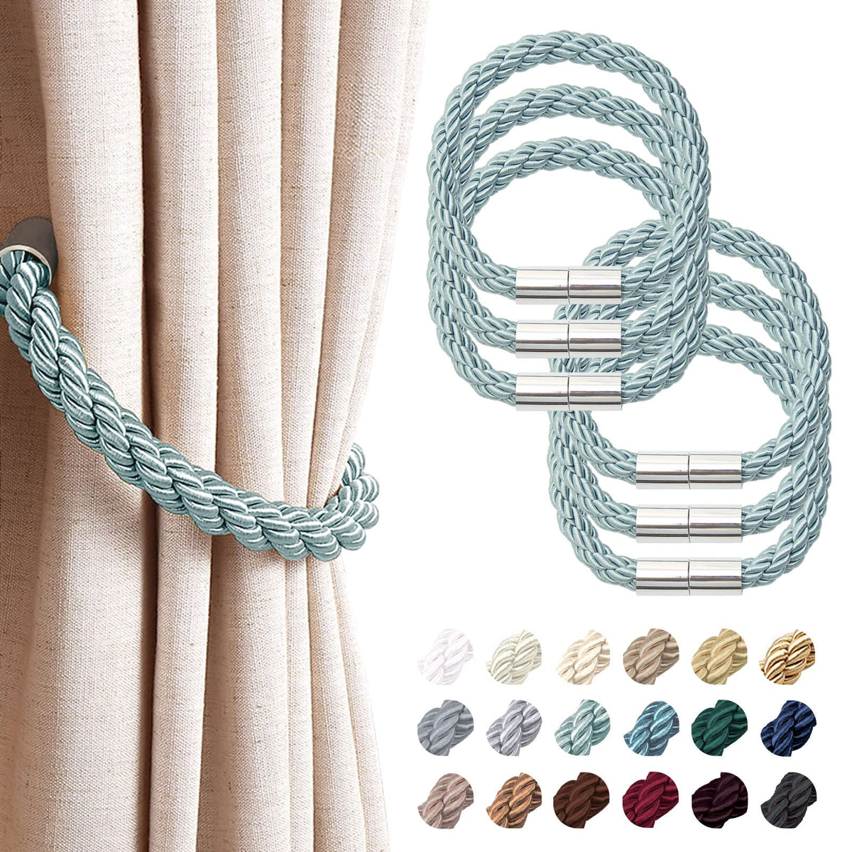 NICEEC 2 Pack Strong Magnetic Curtain Tiebacks Modern Simple Style Drape Tie Backs Convenient Decorative Weave Rope Curtain Holdbacks for Thin or Thick Home & Office Window Draperies (Beige)