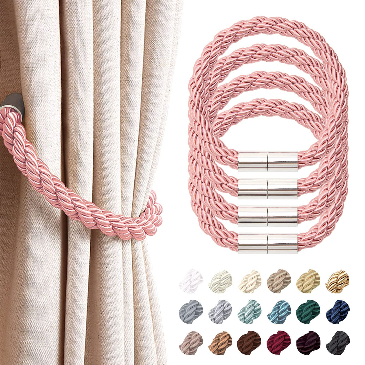NICEEC 2 Pack Strong Magnetic Curtain Tiebacks Modern Simple Style Drape Tie Backs Convenient Decorative Weave Rope Curtain Holdbacks for Thin or Thick Home & Office Window Draperies (Beige)