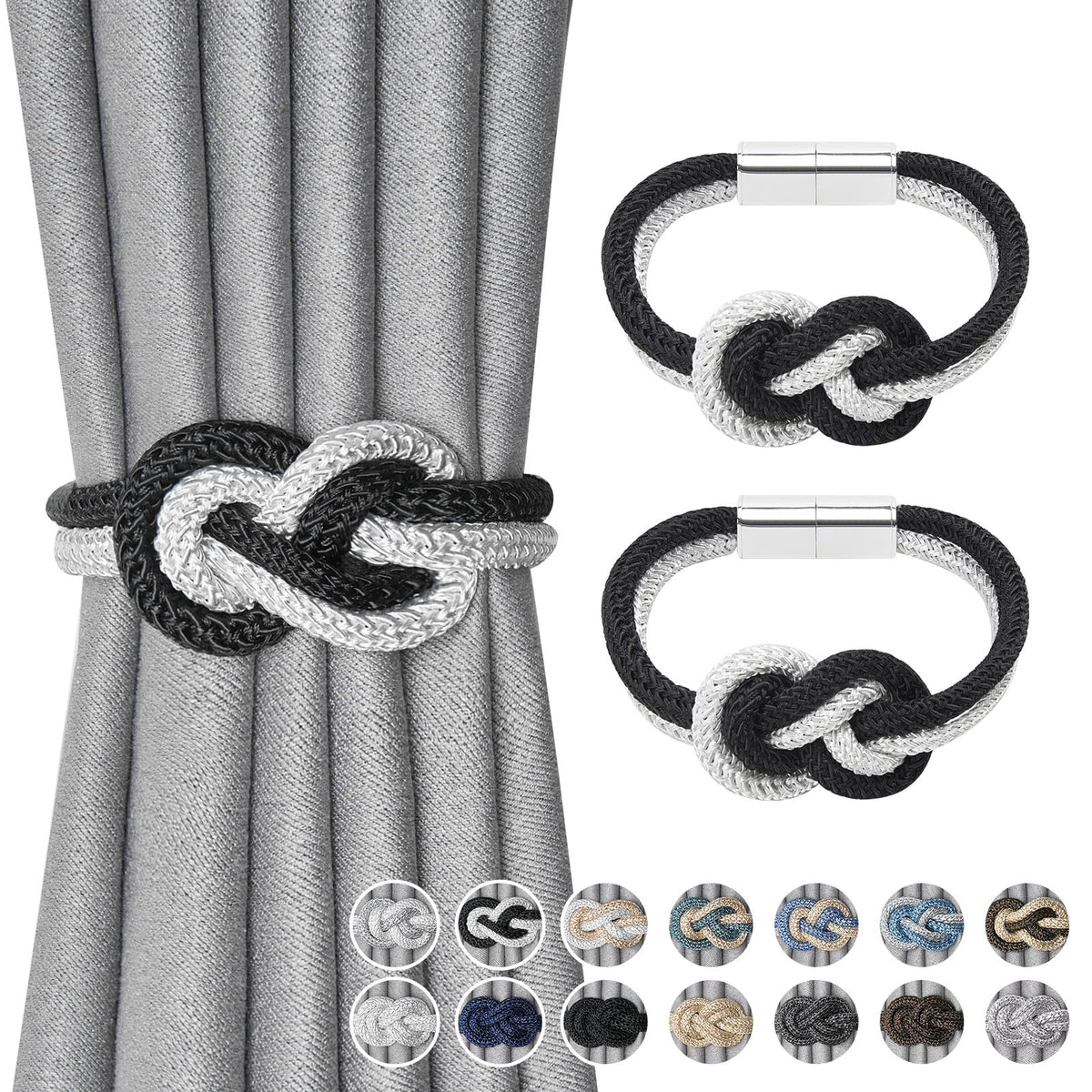 NICEEC 2 Pack Mini Magnetic Curtain Tiebacks Nordic Simple Style Drape Tie Backs Elegant Hand Weave Rope Knot Decorative Curtain Holdbacks for Home & Office Thin Window Drapery (Silver Grey)