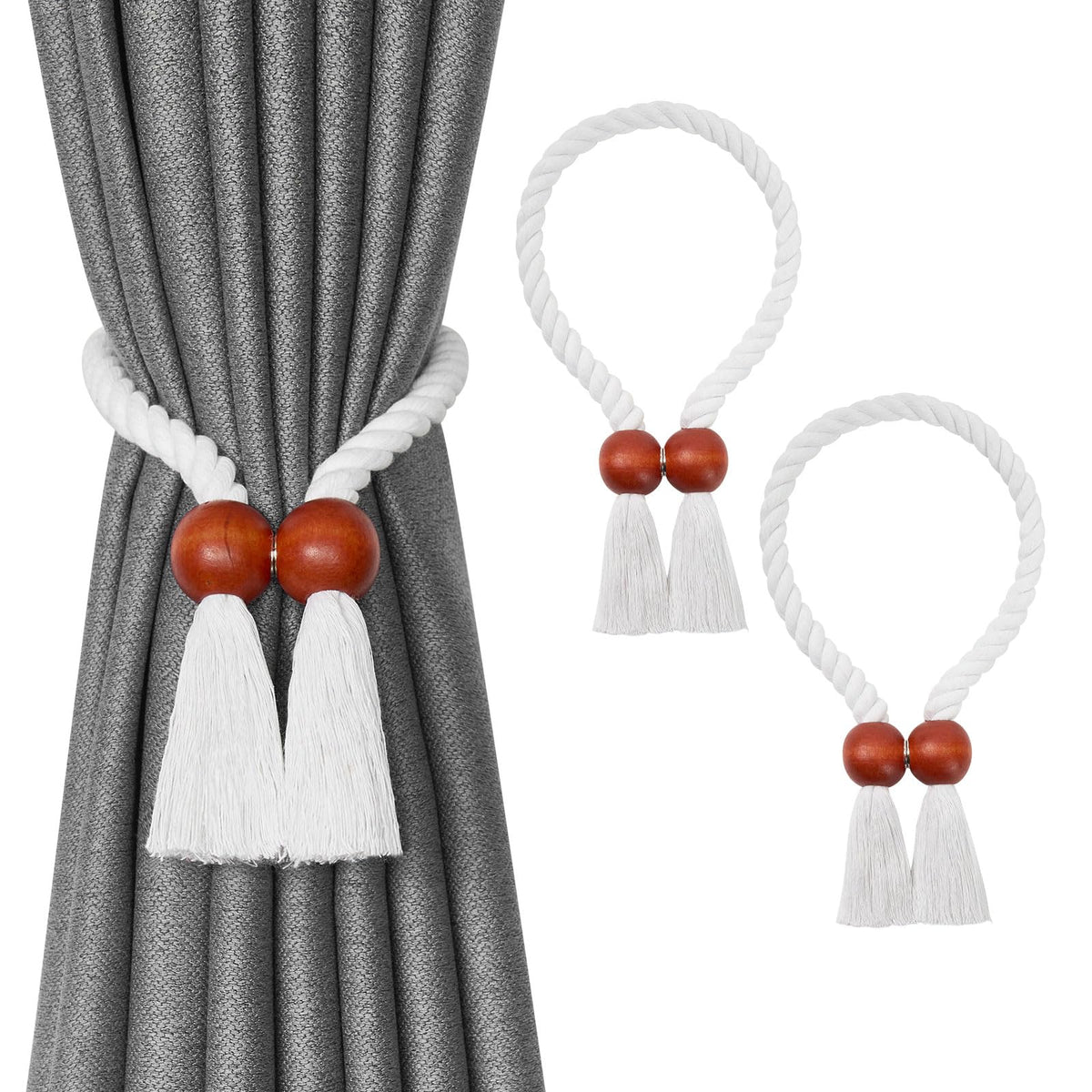 NICEEC 2 Pack Wooden Ball Magnetic Curtain Tiebacks Boho Home Decor Drape Tie Backs Natural Cotton Hand Woven Rope Curtain Holdbacks for Thin & Thick Home & Office Window Draperies (Beige)