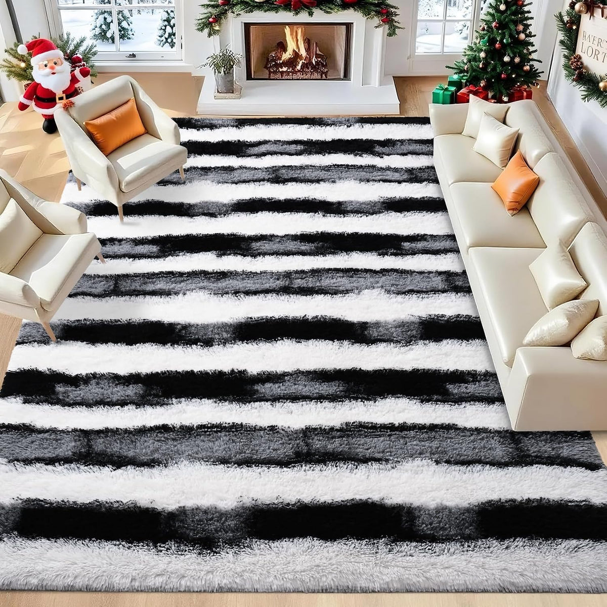 Black and White Rugs for Living Room Bedroom, 6x9 Fluffy Soft Plush Area Rugs with Non-Slip Backing, Modern Striped Shag Fuzzy Carpets for Kids Playroom Nursery Dorms Home Decor