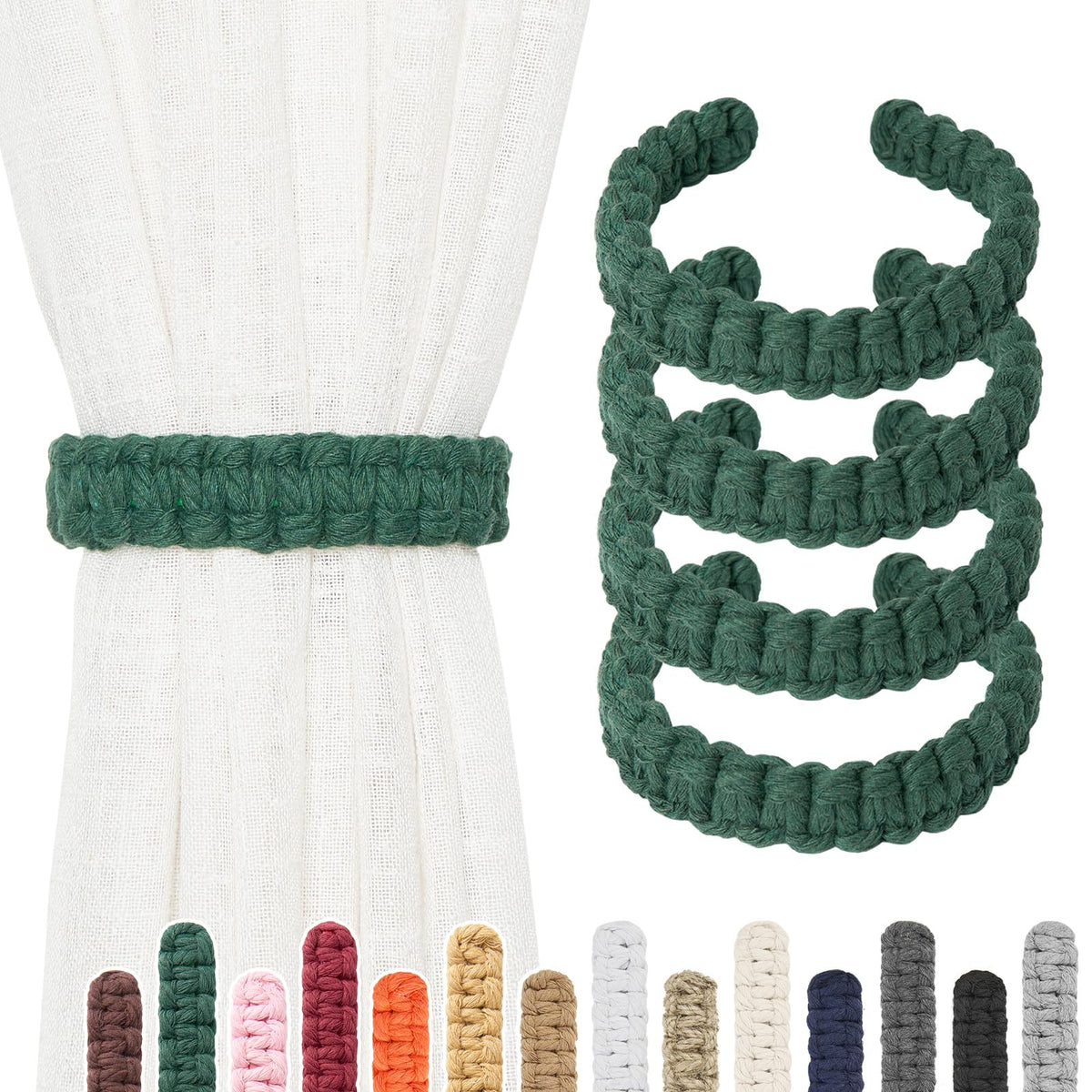 NICEEC 2 Pack Natural Cotton Rope Curtain Tiebacks Farmhouse Rustic Style Decorative Drape Tie Backs Handmade Braided Curtain Holdbacks for Home & Office Sheer/Light Weight Drapery (C-White-S)
