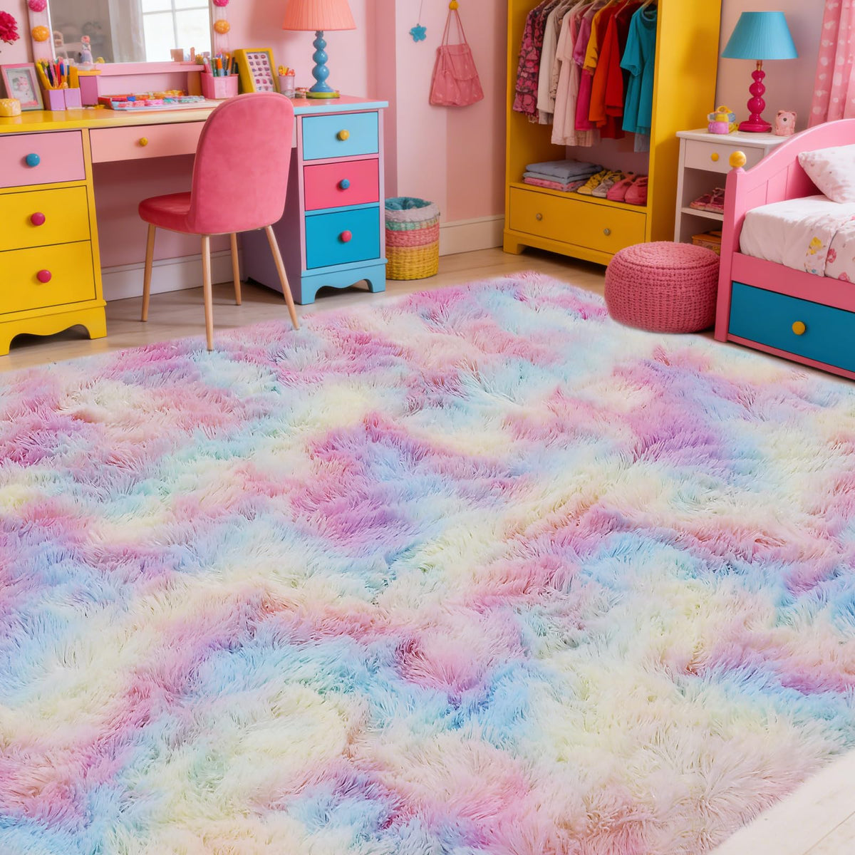 8x10 Beige Fluffy Shag Area Rug, Non-Slip Soft Carpet for Home