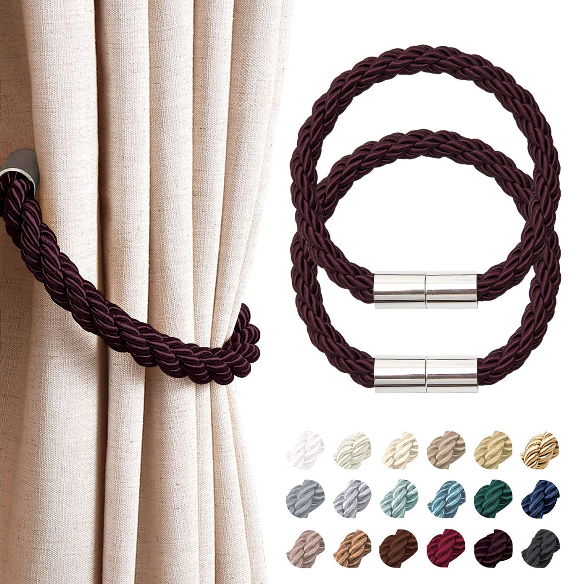 NICEEC 2 Pack Strong Magnetic Curtain Tiebacks Modern Simple Style Drape Tie Backs Convenient Decorative Weave Rope Curtain Holdbacks for Thin or Thick Home & Office Window Draperies (Beige)