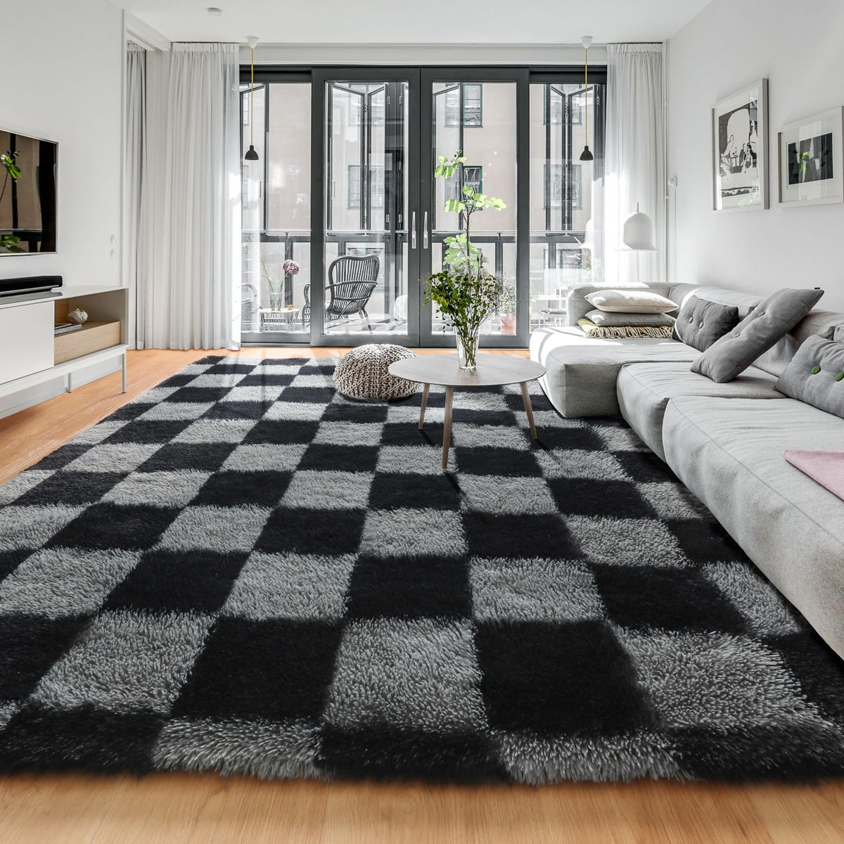KICMOR Area Rugs 8x10 for Living Room, Large Fluffy Beige and Cream White Checkered Rug Big Fuzzy Shag Shaggy Carpets for Bedroom, Soft Plush Furry Rug for Boy Girls Room Dorm Home Decor Aesthetic