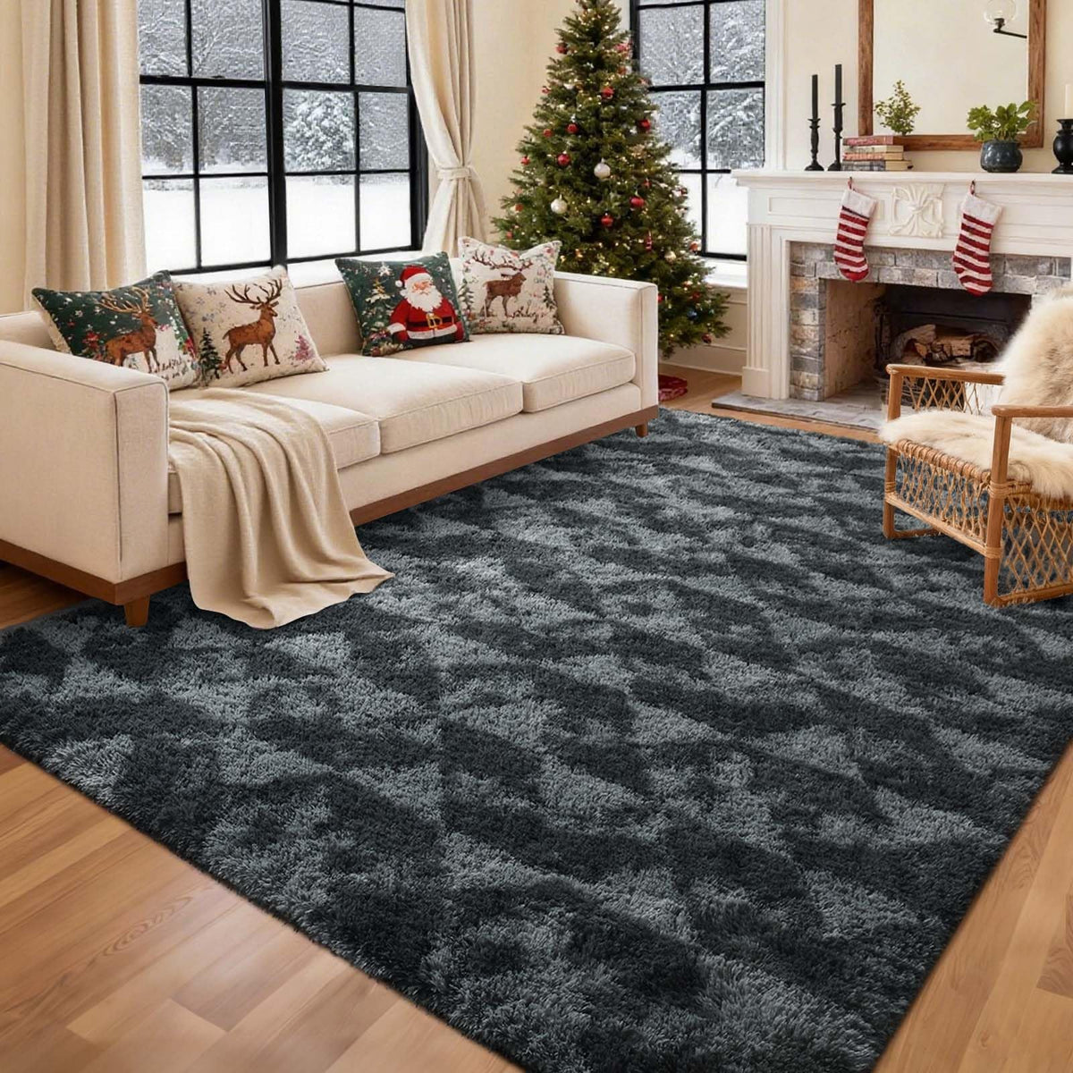 8x10 Ft Extra Large Shag Rugs for Living Room, Tie Dyed Ultra Soft Fluffy Furry Area Rugs for Bedroom Indoor Floor, Aesthetic Carpet for Kids Home Decor (Dark Grey)