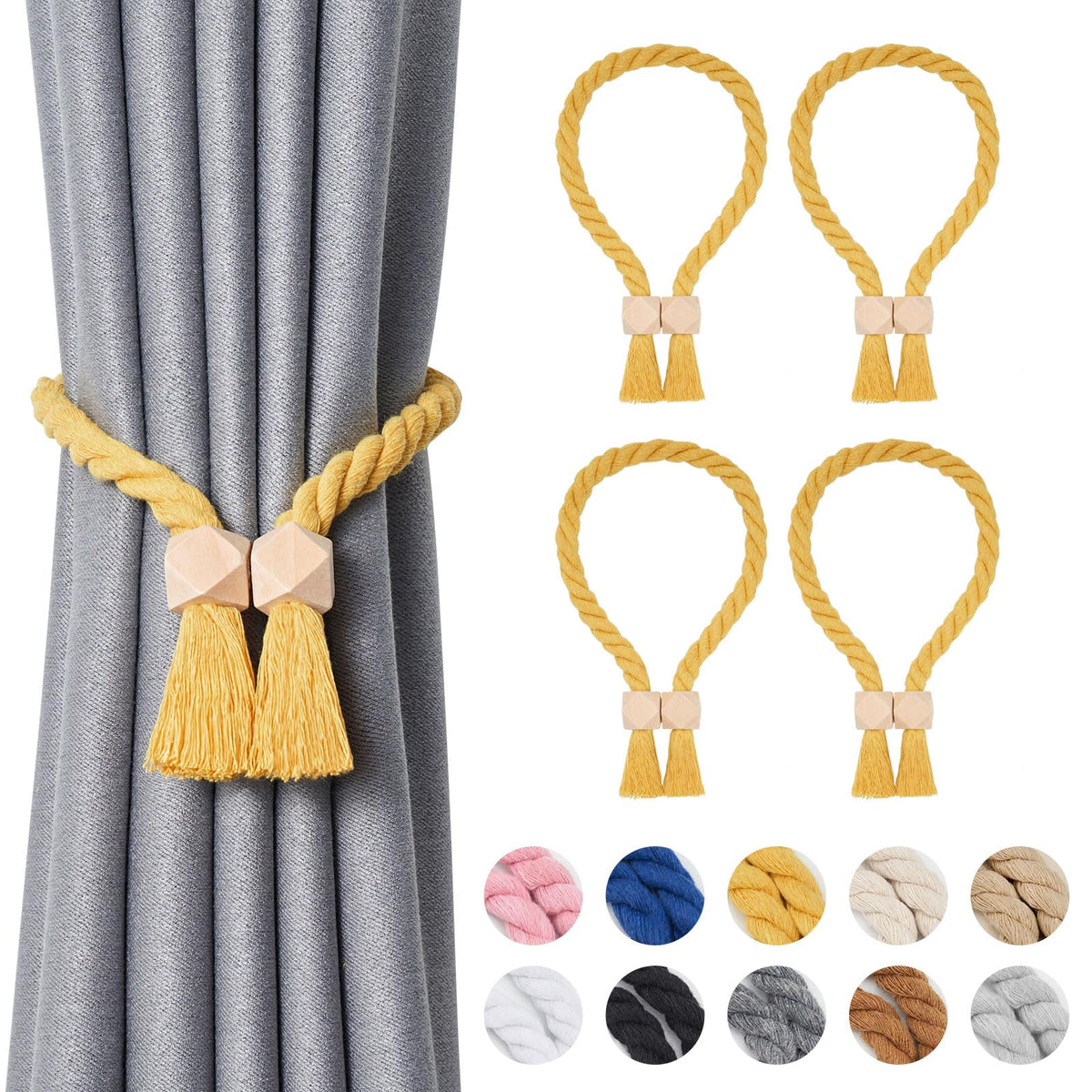 NICEEC 2 Pack Wooden Ball Magnetic Curtain Tiebacks Boho Home Decor Drape Tie Backs Natural Cotton Hand Woven Rope Curtain Holdbacks for Thin & Thick Home & Office Window Draperies (Beige)