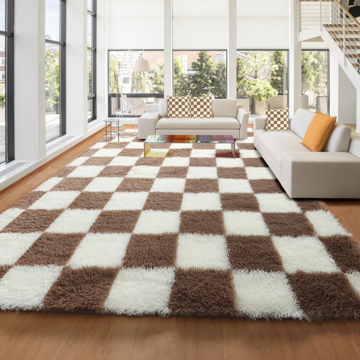 KICMOR Area Rugs 8x10 for Living Room, Large Fluffy Beige and Cream White Checkered Rug Big Fuzzy Shag Shaggy Carpets for Bedroom, Soft Plush Furry Rug for Boy Girls Room Dorm Home Decor Aesthetic