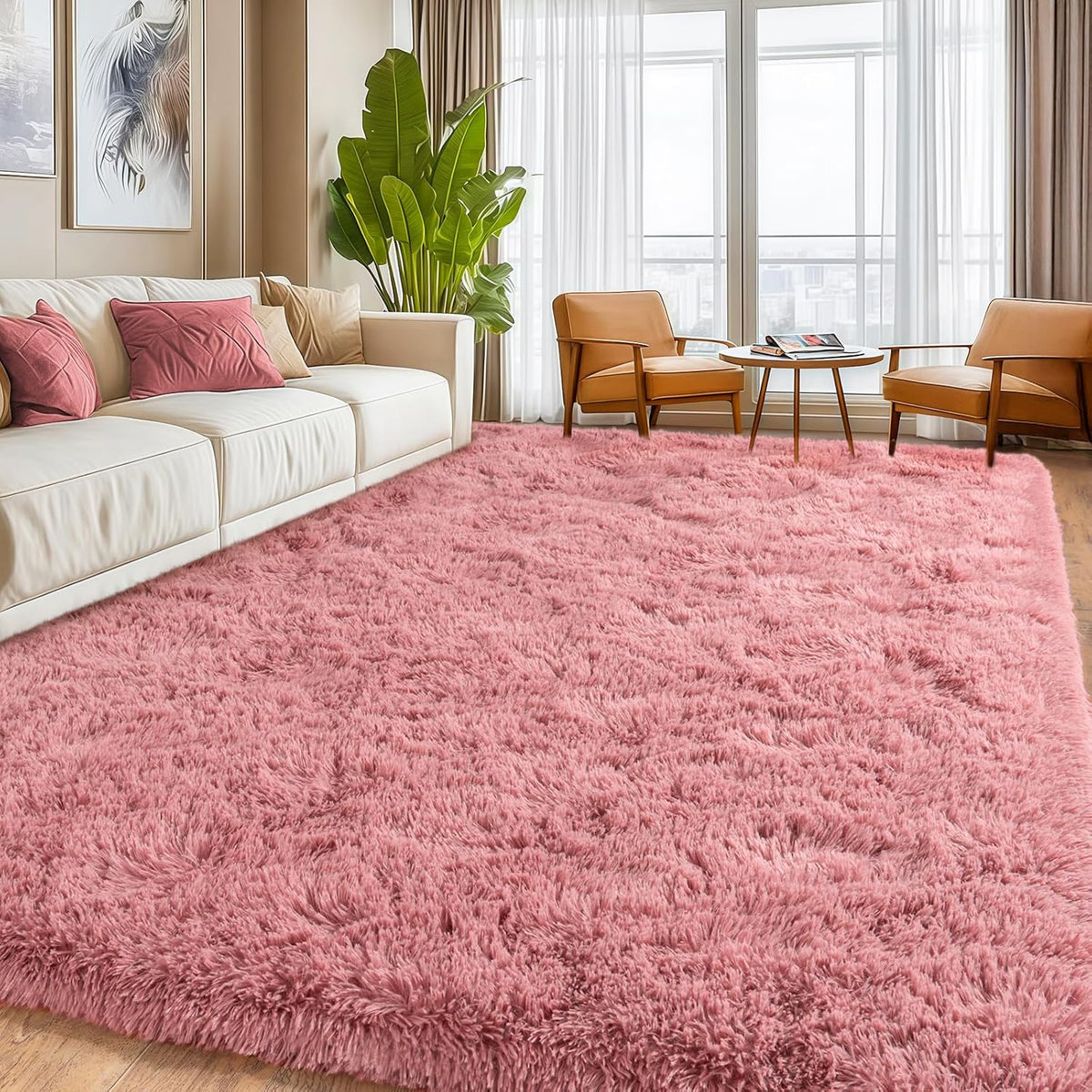 8x10Ft Soft Shaggy for Living Room, High Pile Fluffy Rugs Blush Area Rug